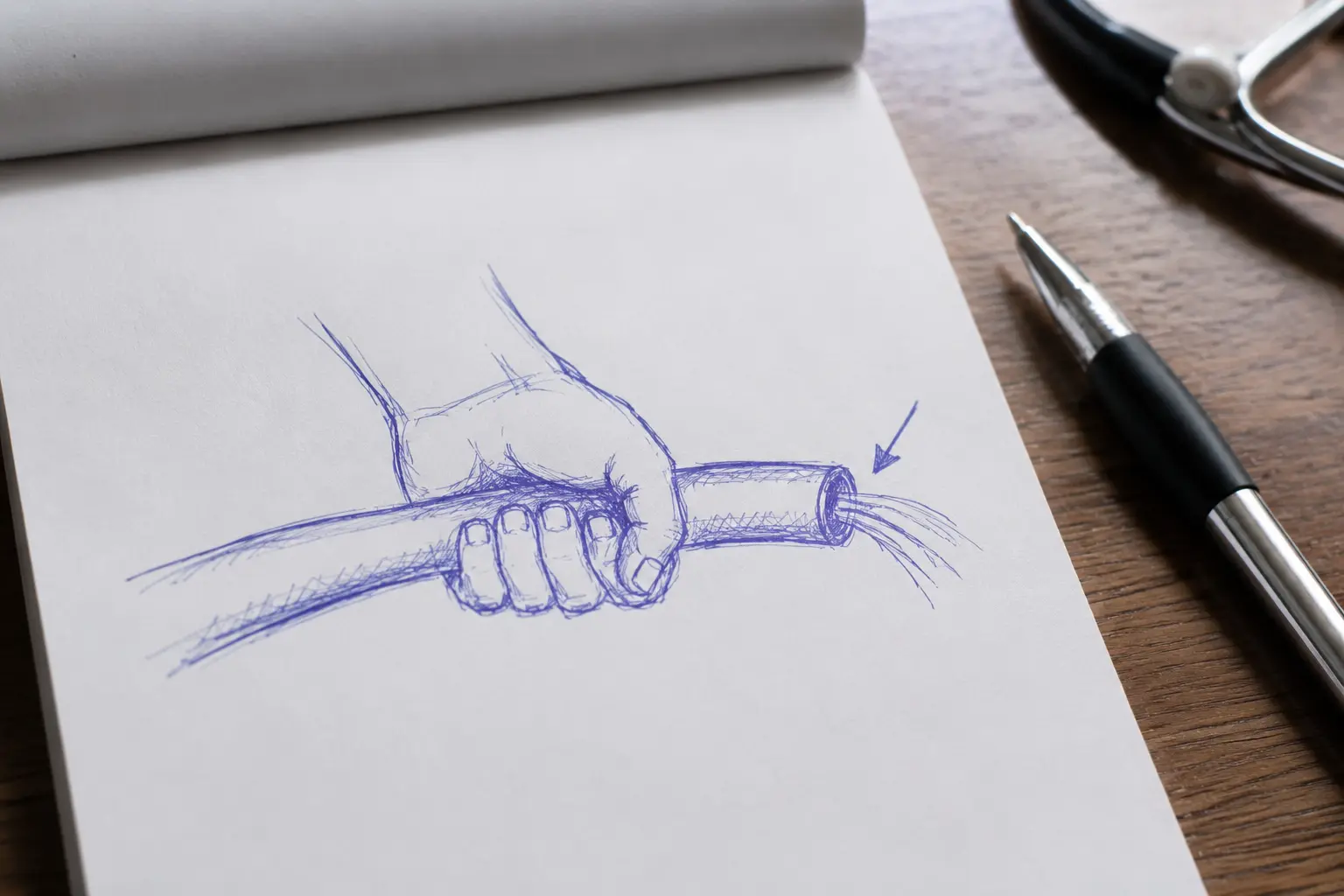 Diagram showing the prostate pressing on the urethra like a fist around a garden hose