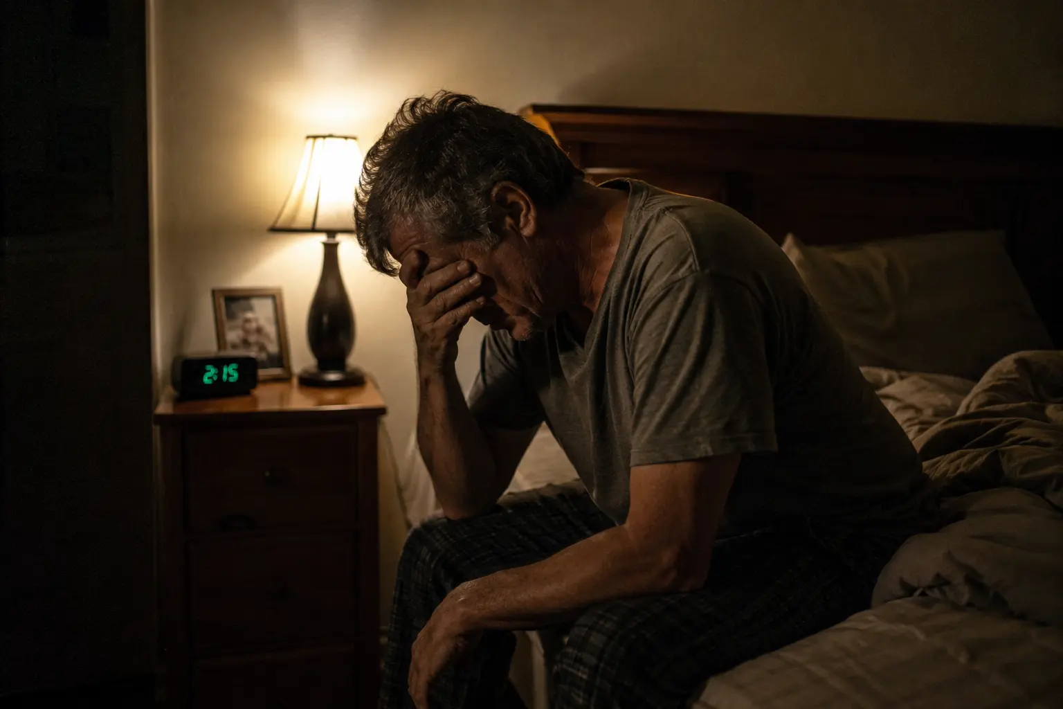Man in his 60s looking out a window at dawn